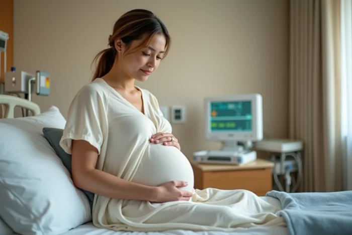 Femme enceinte de 37 semaines assise sur un lit d'hôpital, les mains sur le ventre, lors d'une consultation de maternité