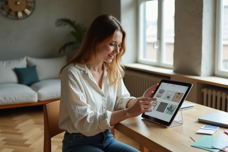Femme utilisant un simulateur de décoration intérieure sur tablette dans un salon moderne avec parquet en chêne et murs en béton