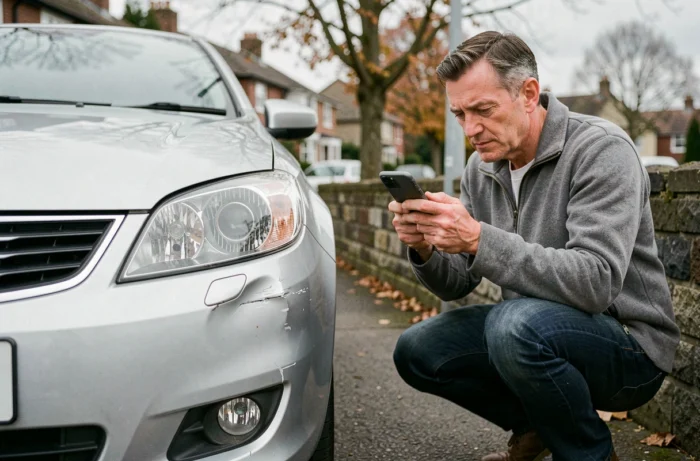 Propriétaire de voiture documentant les dégâts pour une déclaration de sinistre et application de la franchise Macif