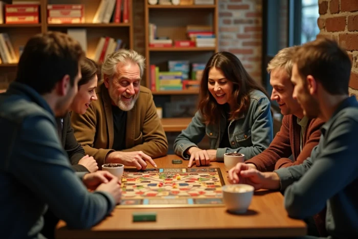 Groupe d'adultes jouant à des jeux de société dans un café convivial de Cholet