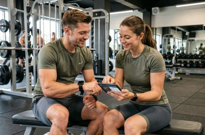 Deux sportifs analysant leurs performances sur une montre connectée et une tablette dans une salle de fitness moderne