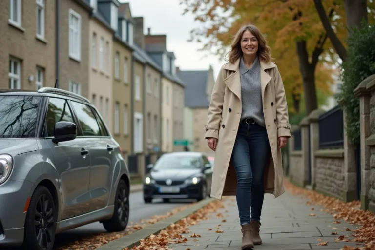 Femme garée gratuitement dans une rue résidentielle de Rennes près de façades en pierre bretonne