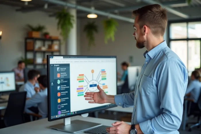 Professionnel du marketing digital présentant une carte mentale de mots-clés longue traîne dans un bureau moderne