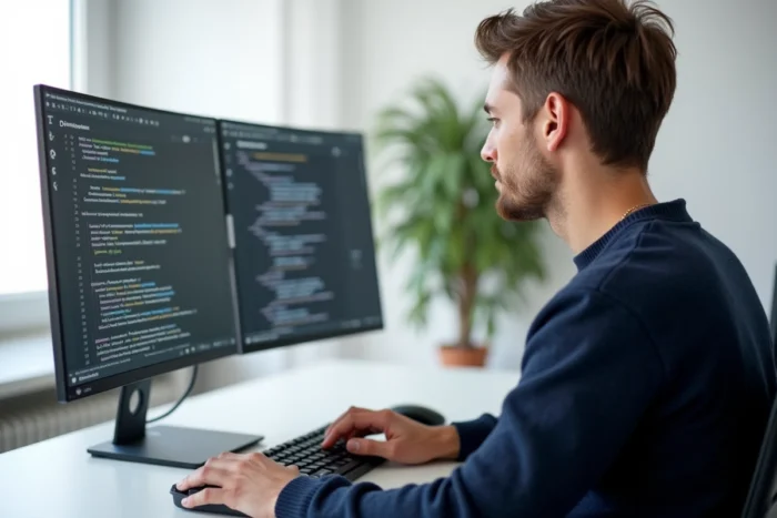 Un rédacteur web structure du contenu optimisé pour le GEO sur un double écran avec des plans éditoriaux et des extraits générés par IA