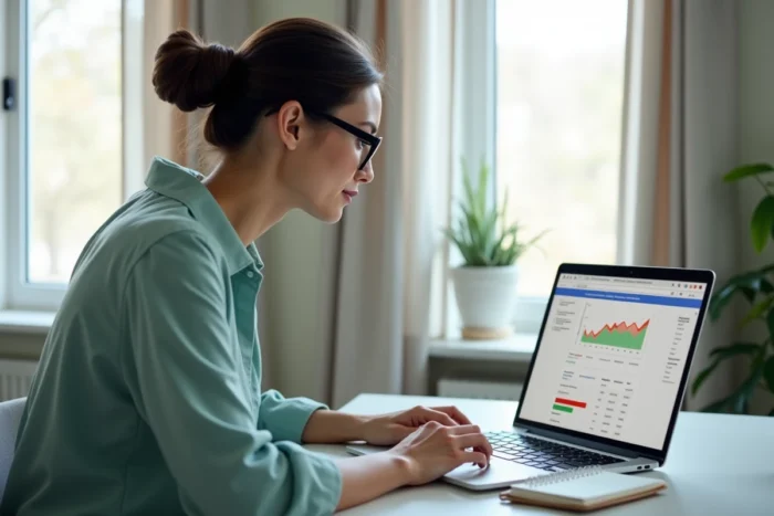 Une consultante SEO analyse les positions et les données de performance dans l'interface Google Search Console sur son laptop à domicile