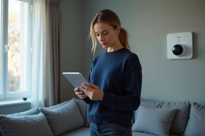 Une femme consulte les images de vidéosurveillance de sa maison sur une tablette numérique depuis son salon