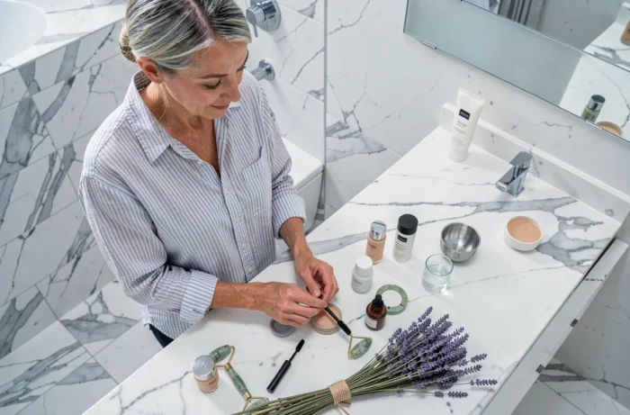 Femme mature arrangeant une collection de produits de beauté et de soins sur un plan de travail en marbre blanc dans une salle de bain élégante