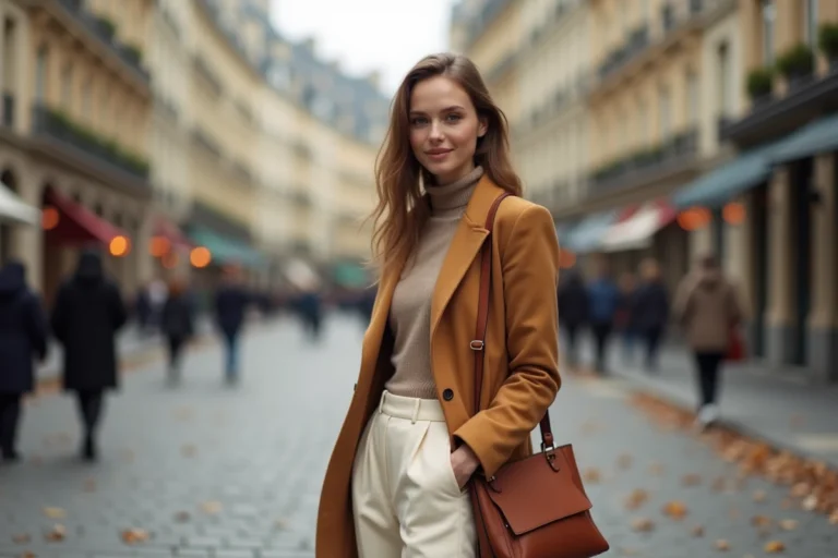 Femme élégante portant un blazer camel oversize et un pantalon large crème dans une rue pavée parisienne, illustrant les tendances mode automne