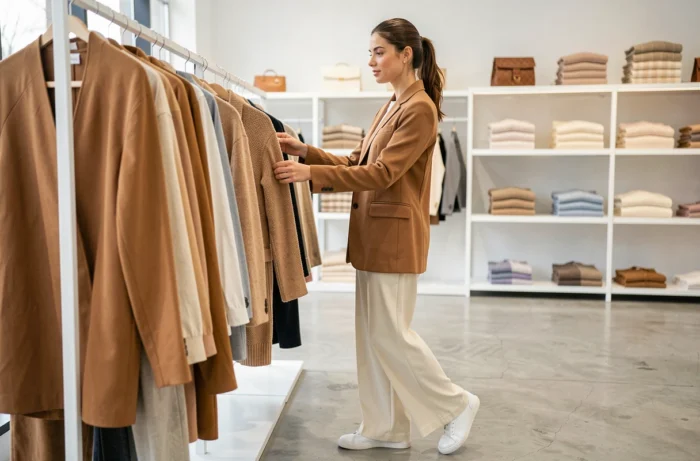 Femme élégante en blazer camel et pantalon large crème découvrant les tendances mode dans une boutique moderne