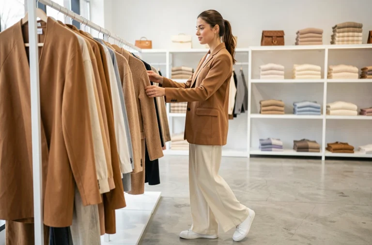 Femme élégante en blazer camel et pantalon large crème découvrant les tendances mode dans une boutique moderne