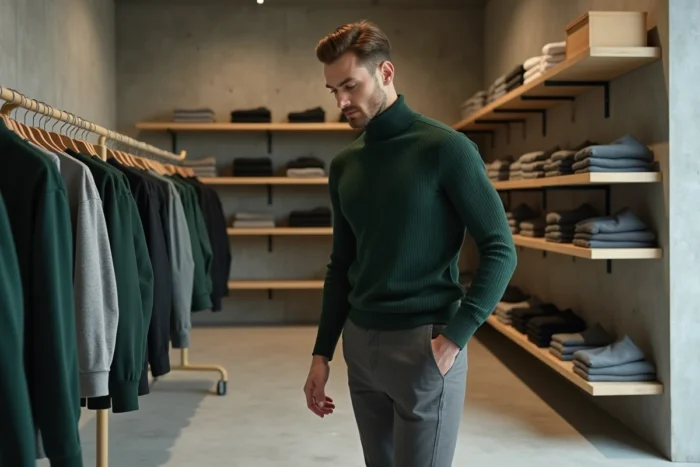 Homme en pull col roulé vert forêt et pantalon gris dans un concept store minimaliste, tendances mode masculine hiver