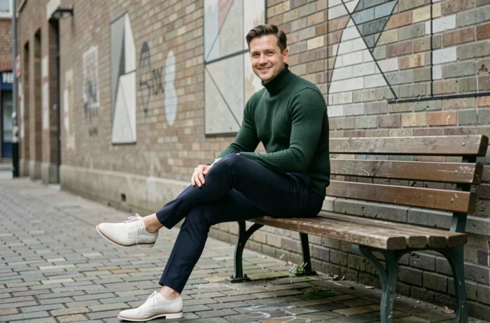 Homme stylé en pull col roulé vert et pantalon marine assis dans un cadre urbain aux tendances mode masculines actuelles
