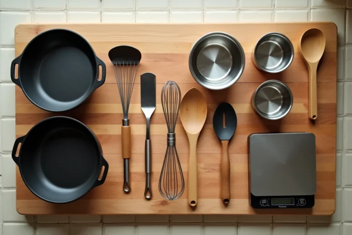 Vue de dessus des ustensiles de cuisine essentiels disposés sur un plan de travail en bois, incluant poêle en fonte, bols et balance numérique