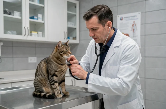 Vétérinaire examinant un chat tigré sur une table d'examen dans une clinique vétérinaire moderne