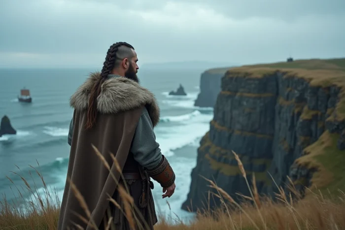 Viking solitaire au bord d'une falaise surplombant une mer agitée avec des drakkars à l'horizon, évoquant le destin tragique de Ragnar Lothbrok et ses dernières paroles