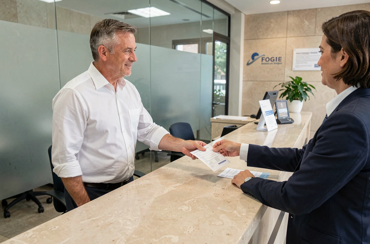 Client remettant un formulaire de virement bancaire à un conseiller dans une agence bancaire moderne