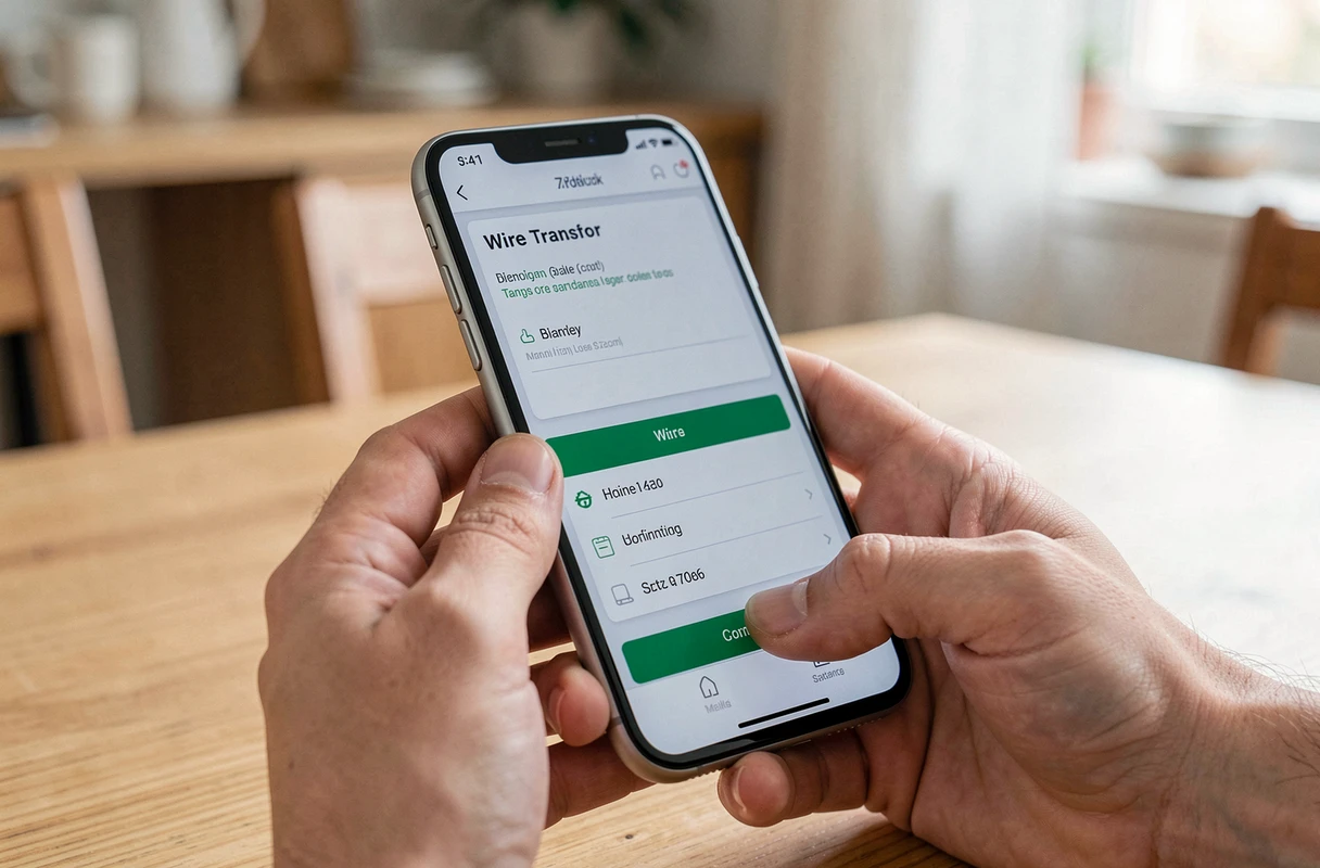 Mains tenant un smartphone affichant une confirmation de virement bancaire sur une application mobile