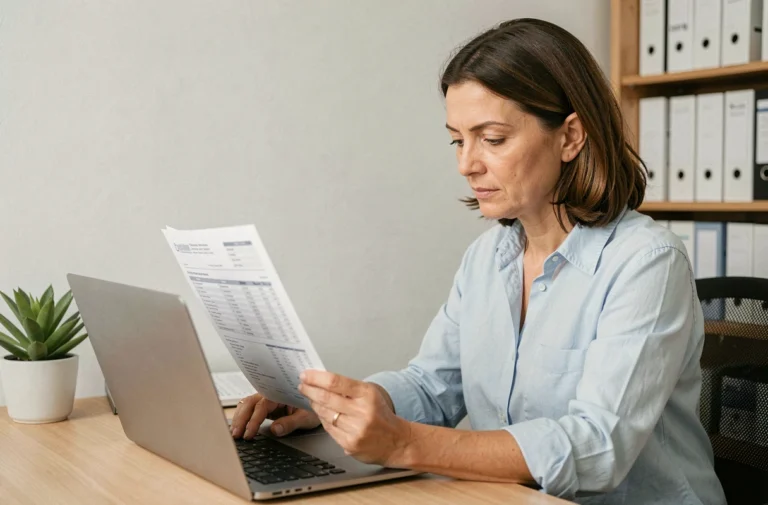 Femme consultant un relevé bancaire et effectuant un virement en ligne depuis son bureau à domicile