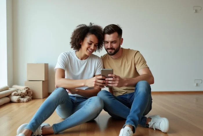 Couple effectuant un virement bancaire mobile pour payer leur déménagement dans un appartement vide