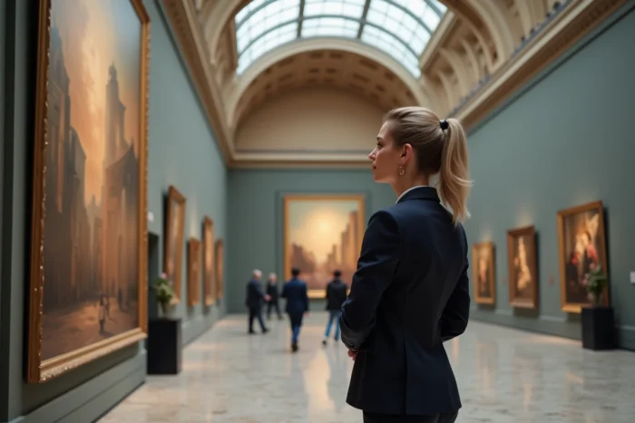 Femme contemplant une grande peinture contemporaine dans les galeries du Bozar à Bruxelles