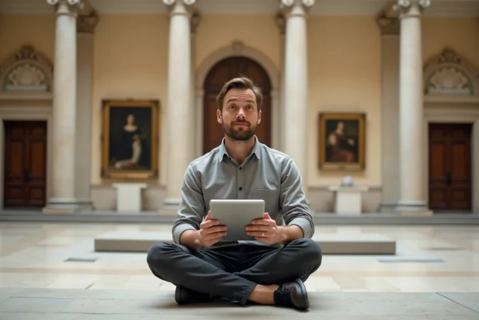 Homme utilisant une tablette pour une visite virtuelle au sein de l'architecture classique du Bozar