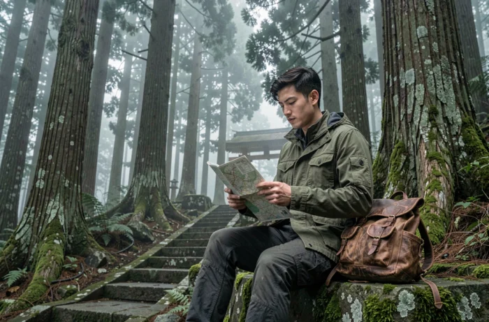 Voyageur consultant une carte dans une forêt de cèdres japonais près d'un sanctuaire traditionnel dans la brume