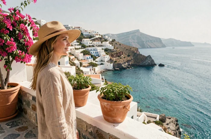 Voyageuse solitaire contemplant un village côtier méditerranéen depuis une terrasse de falaise en Grèce