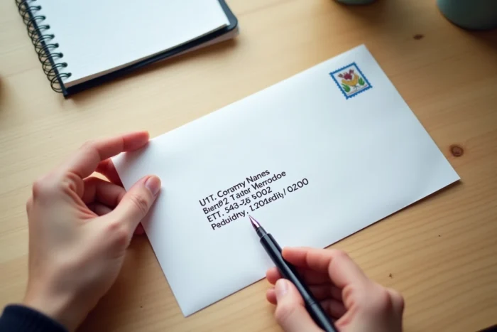 Vue aérienne de mains écrivant l'adresse sur une enveloppe blanche pour une candidature spontanée