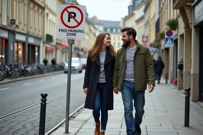 Couple marchant dans le centre de Rennes après avoir trouvé une place de stationnement gratuite signalisée